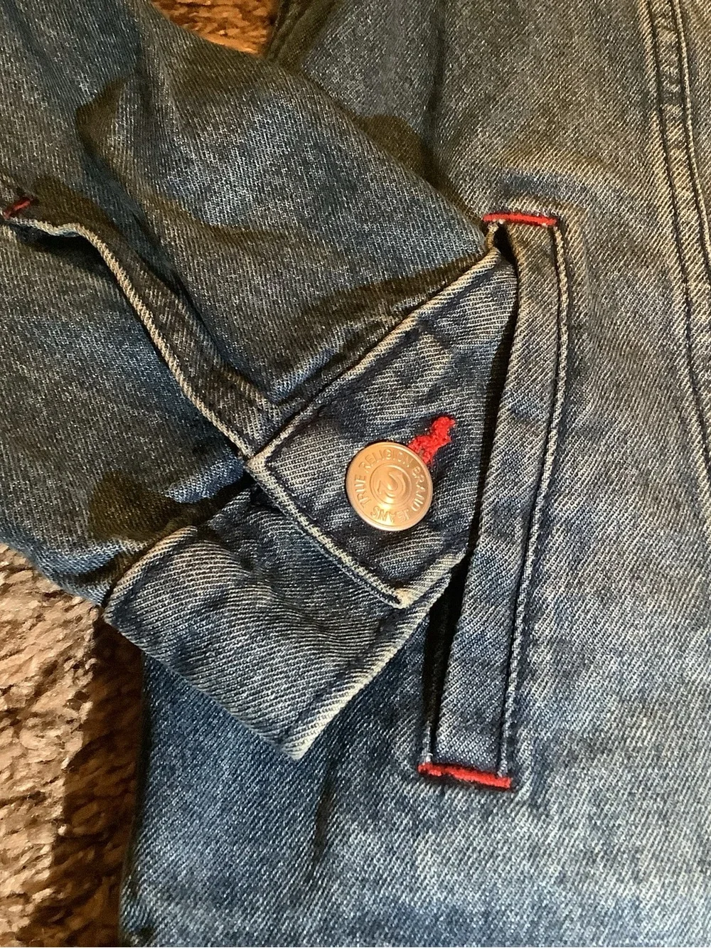True Religion Logo Print Denim Jacket, color medium blue quartz wash, size: M